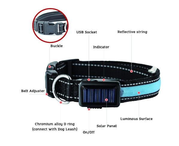 USB and Solar Charge Reflective LED Dog Collar – High Visibility and Dual Charging Options